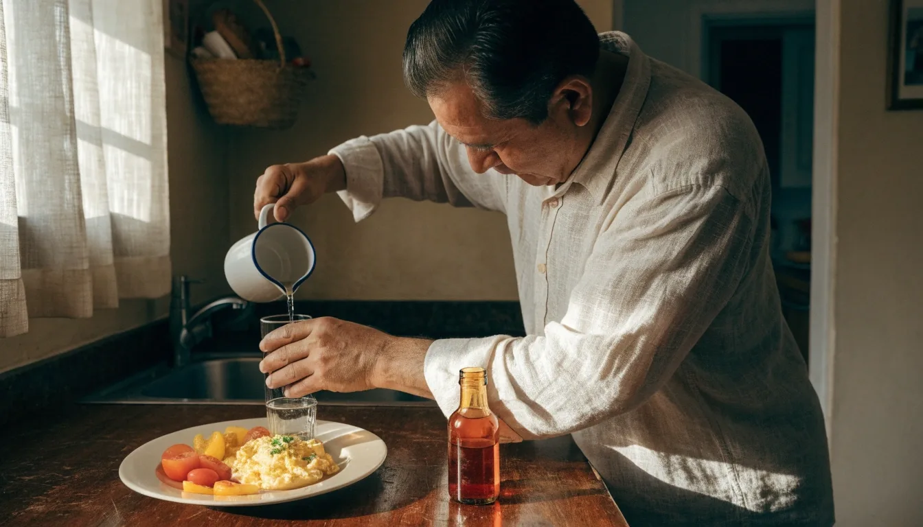 Desayuno sencillo con proteína, agua y un frasco ámbar de cápsulas sobre la mesa de una cocina en Guadalajara