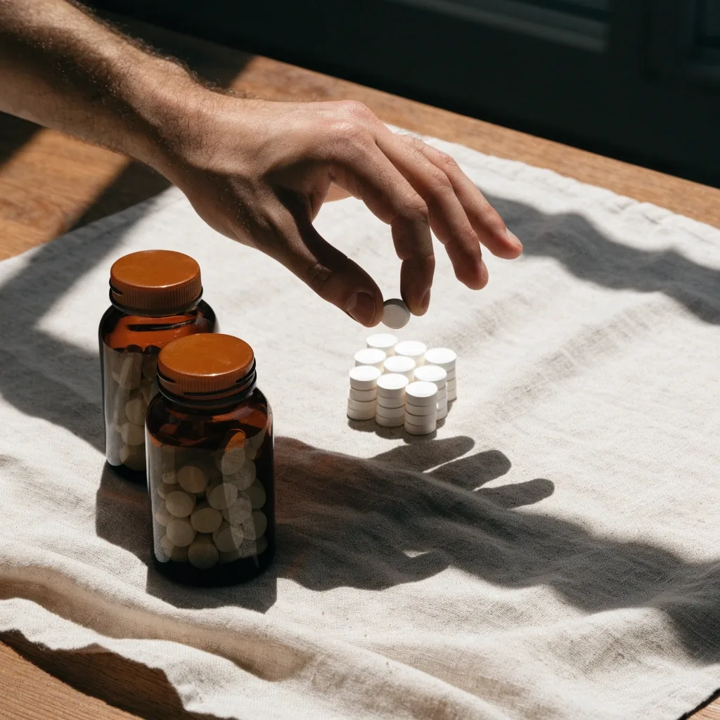 Tableta multivitamínica en la palma de la mano junto a frascos de vidrio ámbar sobre lino crudo