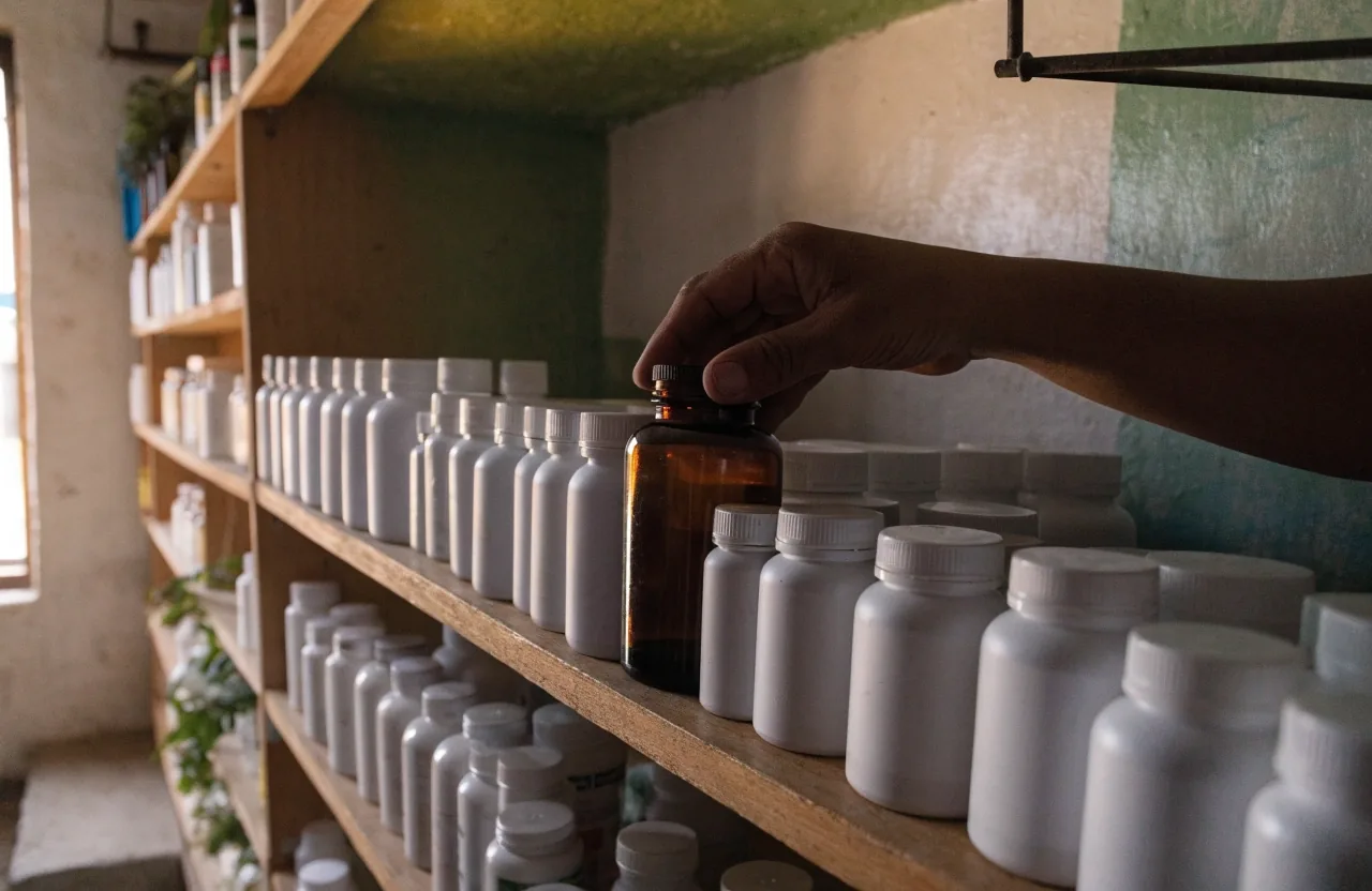 Estante de tienda de nutrición con envases de suplemento agrupados por color de tapa